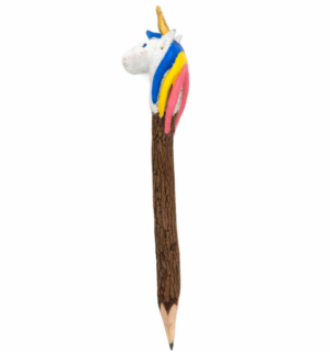 Left facing Colourful Unicorn Sawdust Twig Pencil. Handmade from Thailand